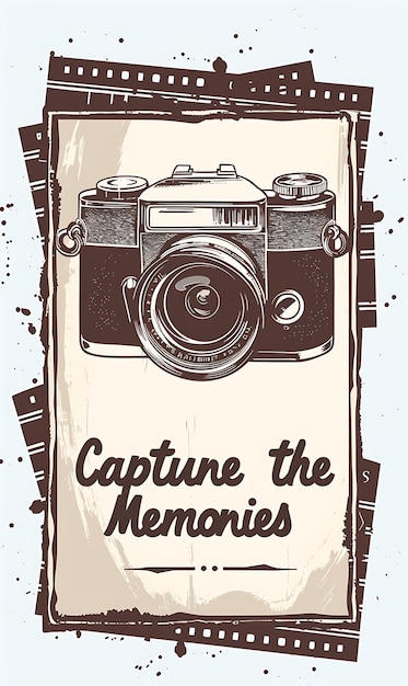 Cartolina retro con fotocamera retro con telaio a striscia di pellicola retro cattura illustrazione cartolina vintage decorativa