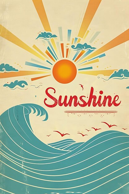 Cartolina retro di spiaggia con una borda d'onda Sunshine in Playf Illustrazione Cartolina vintage decorativa