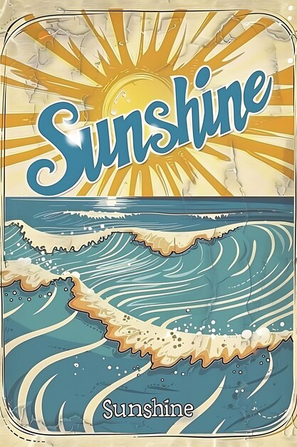 Cartolina retro di spiaggia con una borda d'onda Sunshine in Playf Illustrazione Cartolina vintage decorativa