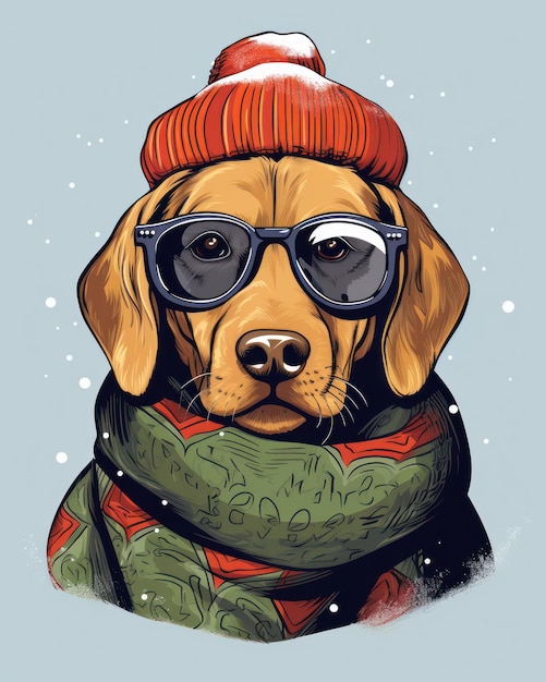 Cartolina retrò minimalista di cane divertente cane dai capelli rossi con sciarpa e cappello in illustrazione in stile retrò