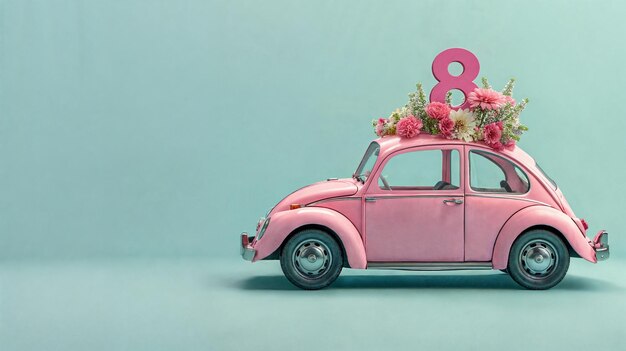 Cartolina rosa giocattolo retro con fiori e il numero 8 sul tetto AI generativa