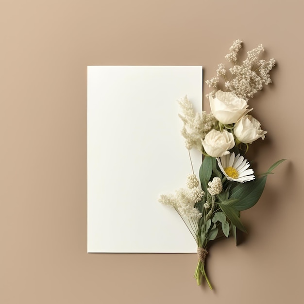Cartoncino bianco vuoto con fiori attorno su uno sfondo color kaki
