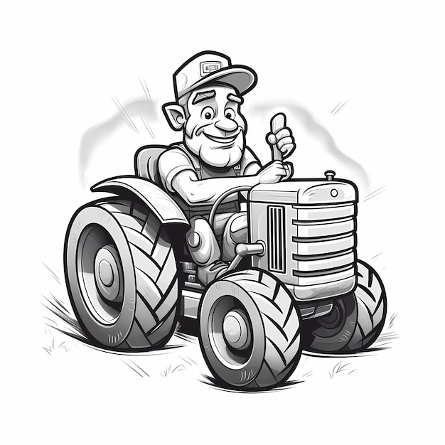 cartone animato 2D in bianco e nero di un contadino che guida un trattore
