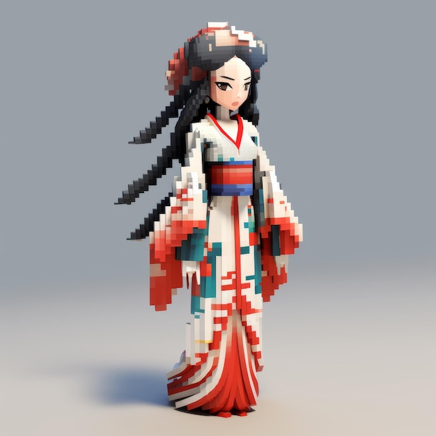 Cartone animato 3D 8 Bit Pixel di Ava in Kimono Full Body