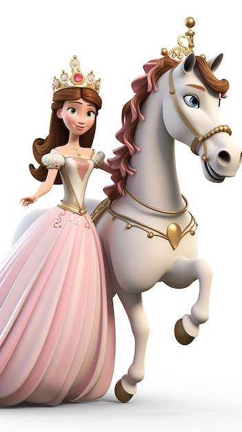 Cartone animato 3D Bella principessa con cavallo da circo su sfondo bianco