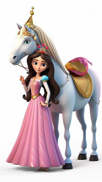 Cartone animato 3D Bella principessa con cavallo da circo su sfondo bianco