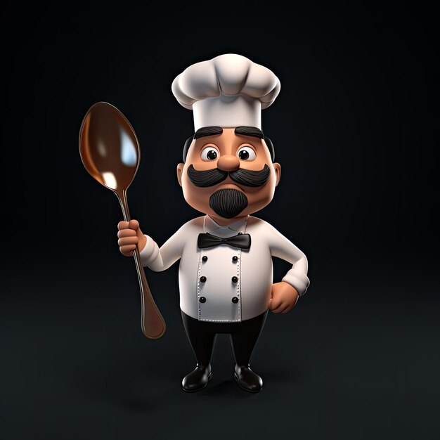 Cartone animato 3D Chef con cucchiaio e cappello isolato su sfondo nero