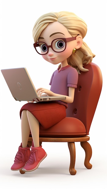 Cartone animato 3D Felice, carina, adorabile, trendy ragazza seduta su sfondo bianco