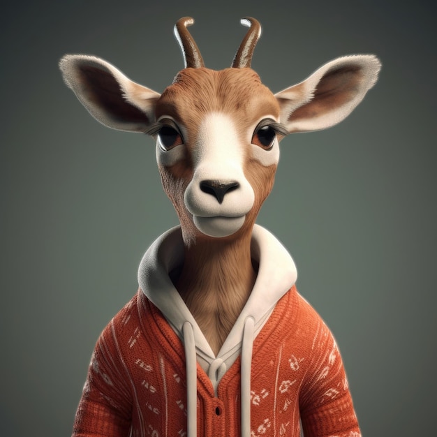 Cartone animato 3D Goat Gazelle ritratto indossando abiti occhiali cappello e giacca in piedi davanti