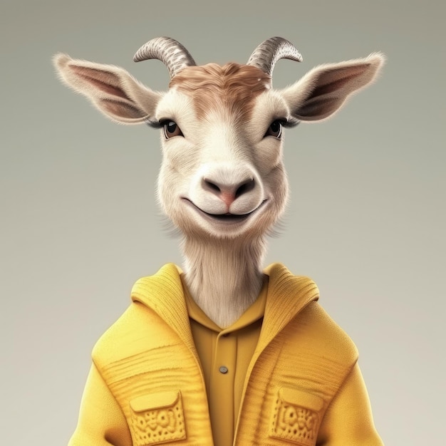 Cartone animato 3D Goat Gazelle ritratto indossando abiti occhiali cappello e giacca in piedi davanti