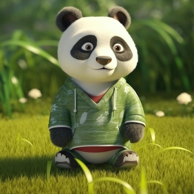 Cartone animato 3D Ritratto di orso panda che indossa abiti occhiali cappello e giacca in piedi davanti