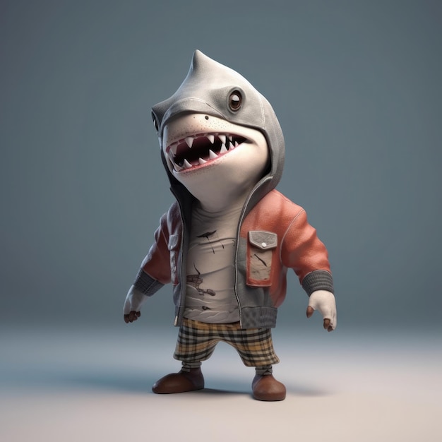 Cartone animato 3D Ritratto di pesce squalo che indossa abiti occhiali giacca cappello in piedi davanti