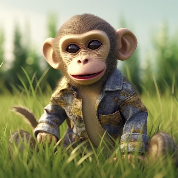 Cartone animato 3D Ritratto di scimmia che indossa vestiti occhiali cappello e giacca in piedi davanti