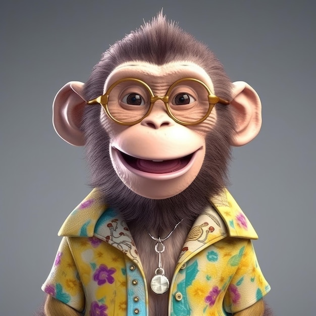 Cartone animato 3D Ritratto di scimmia che indossa vestiti occhiali cappello e giacca in piedi davanti