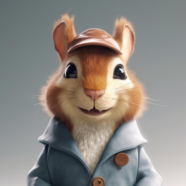 Cartone animato 3D Ritratto di scoiattolo che indossa vestiti occhiali cappello e giacca in piedi davanti