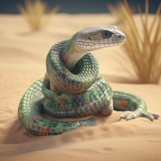 Cartone animato 3D Ritratto di serpente che indossa abiti occhiali cappello e giacca in piedi davanti