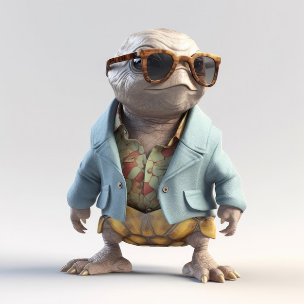 Cartone animato 3D Ritratto di tartaruga che indossa abiti occhiali cappello e giacca in piedi davanti