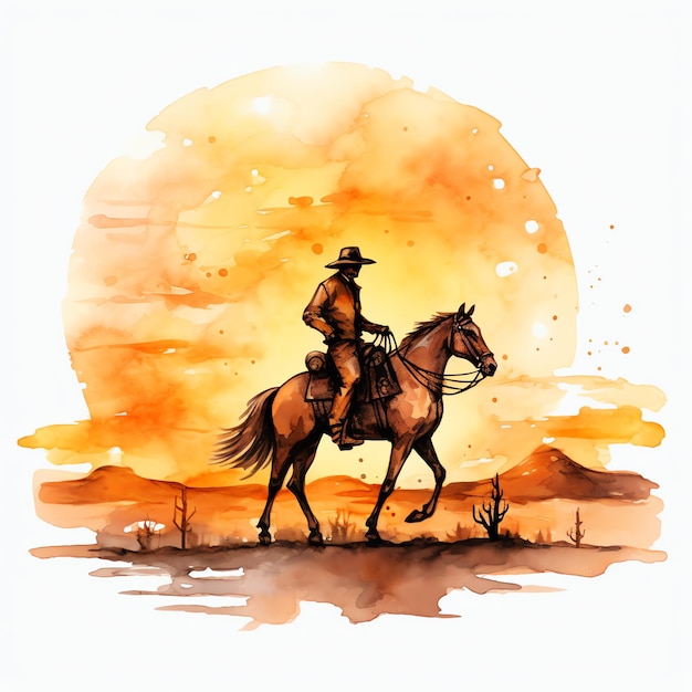 cartone animato ad acquerello Cowboy che cavalca nel sole western wild west cowboy illustrazione del deserto