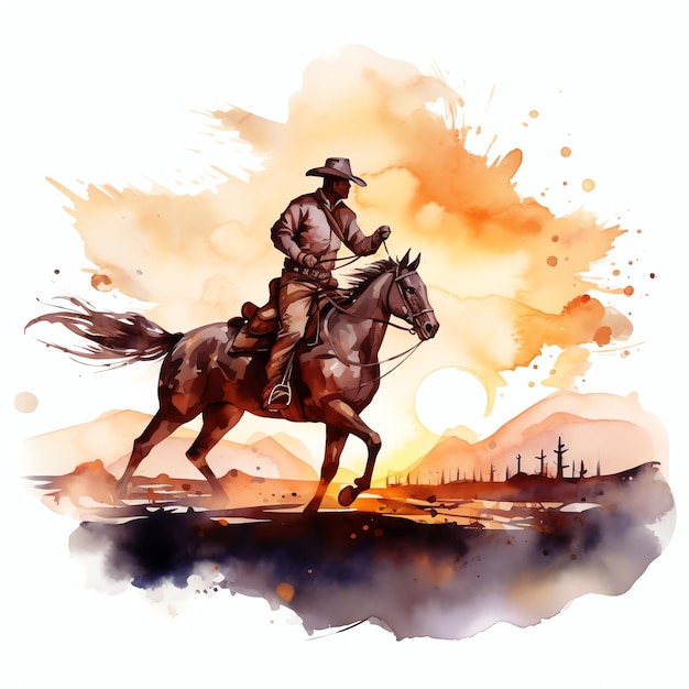 cartone animato ad acquerello Cowboy che cavalca nel sole western wild west cowboy illustrazione del deserto