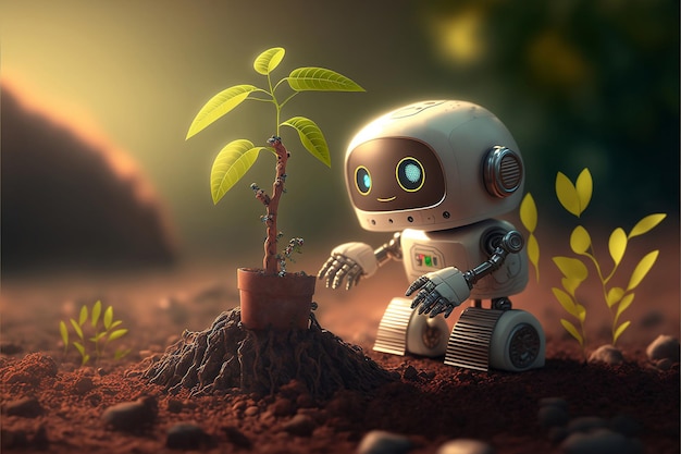 Cartone animato carino Robot piantato piantina giovane albero nel terreno Riabilitazione dell'IA generativa naturale