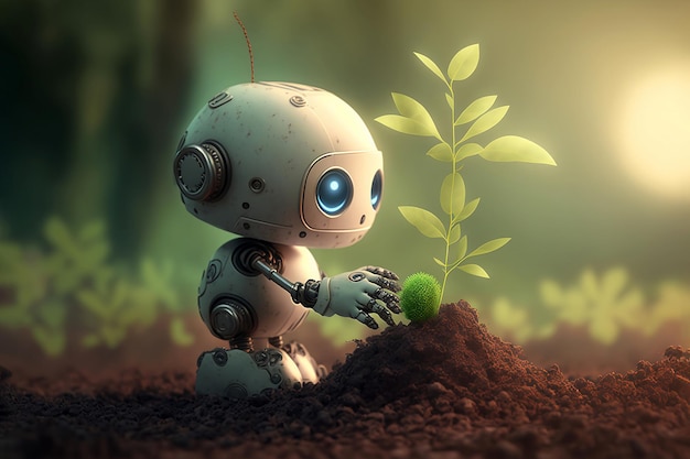 Cartone animato carino Robot piantato piantina giovane albero nel terreno Riabilitazione dell'IA generativa naturale