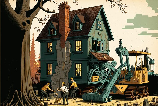Cartone animato da costruzione con macchinari e uomini che costruiscono una casa in stile vintage