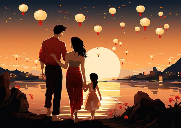 cartone animato del festival delle lanterne ming del capodanno cinese della famiglia che celebra nello stile di bunnycore
