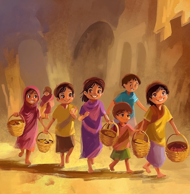 Cartone animato di bambini che camminano con i cesti durante la celebrazione del Ramadan Ramadan Kareem