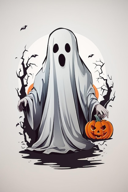 Cartone animato di fantasmi di Halloween con una zucca isolata su sfondo bianco