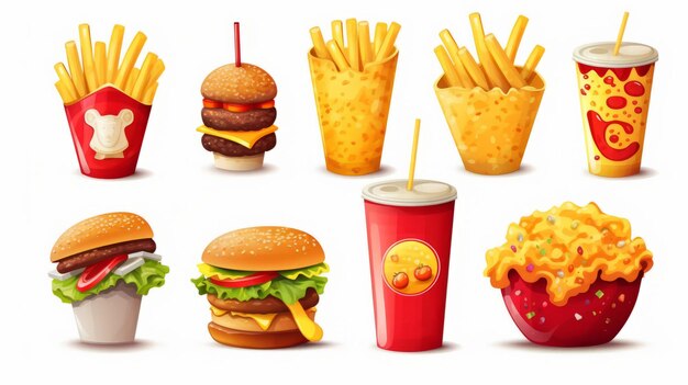 cartone animato di set di icone vettoriali di rendering realistico 3d fast food