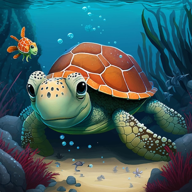 Cartone animato di tartaruga con stella marina e granchio sott'acqua