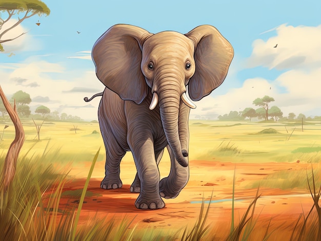 Cartone animato di un elefante che cammina nella savana IA generativa