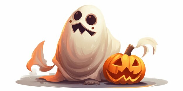 Cartone animato di un fantasma su una zucca di Halloween