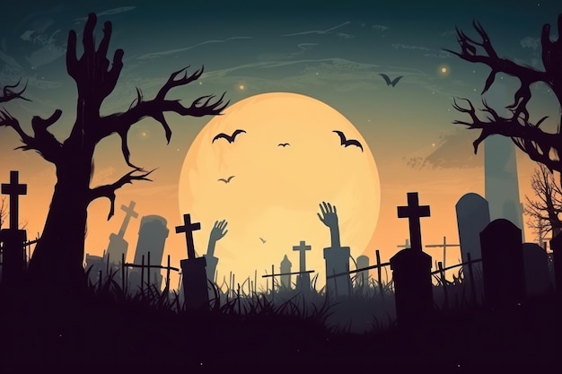 Cartone animato di un gruppo di mani zombie che escono dalle tombe durante la luna piena
