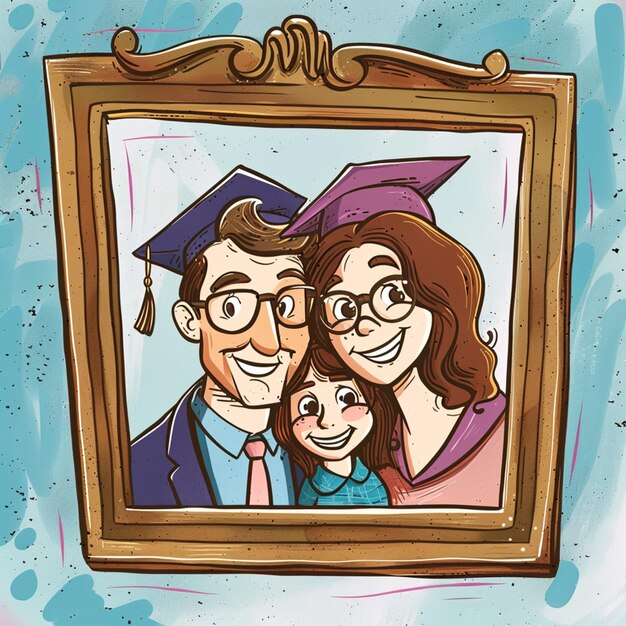 cartone animato di un ritratto di famiglia con un laureato e un bambino generativo ai