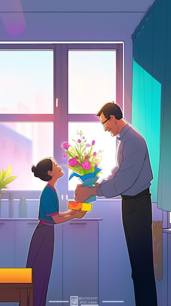 Cartone animato di un uomo che dà a una donna un vaso di fiori generativo ai