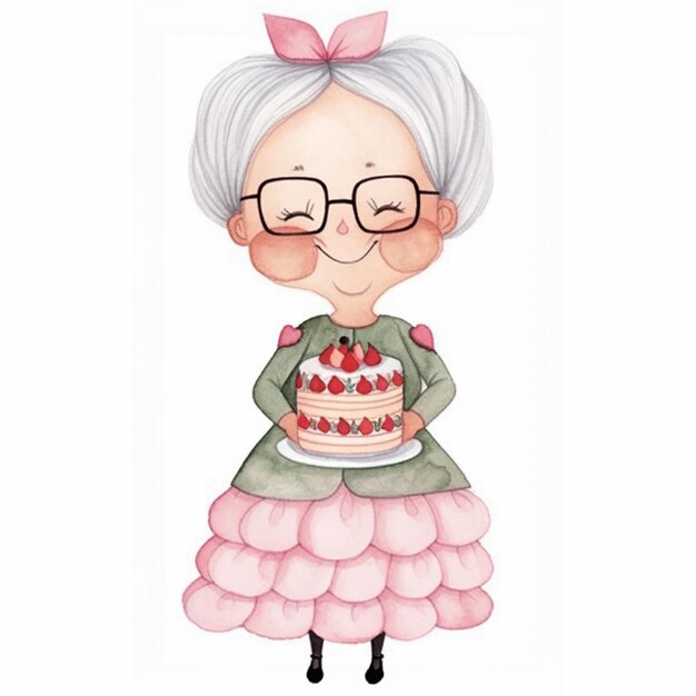 cartone animato di una donna che tiene una torta con fragole su di essa ai generativa