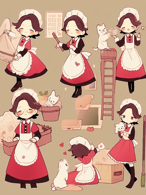 Cartone animato di una donna con un vestito rosso con un gatto e un cane generativo ai