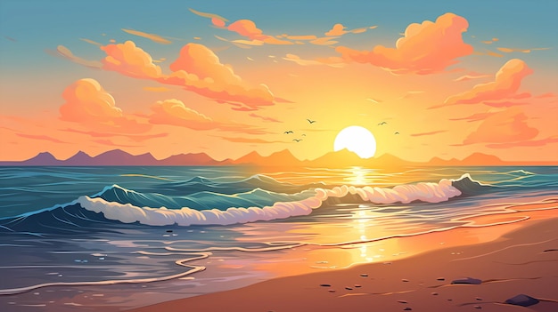 Cartone animato dipinto a mano bella illustrazione del paesaggio marino sotto il tramonto