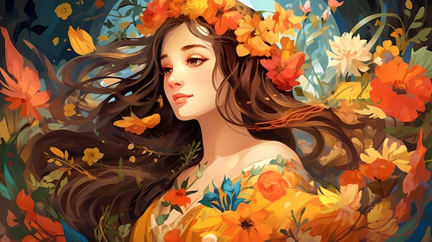 cartone animato disegnato a mano bella illustrazione di ragazza aristocratica in fiori