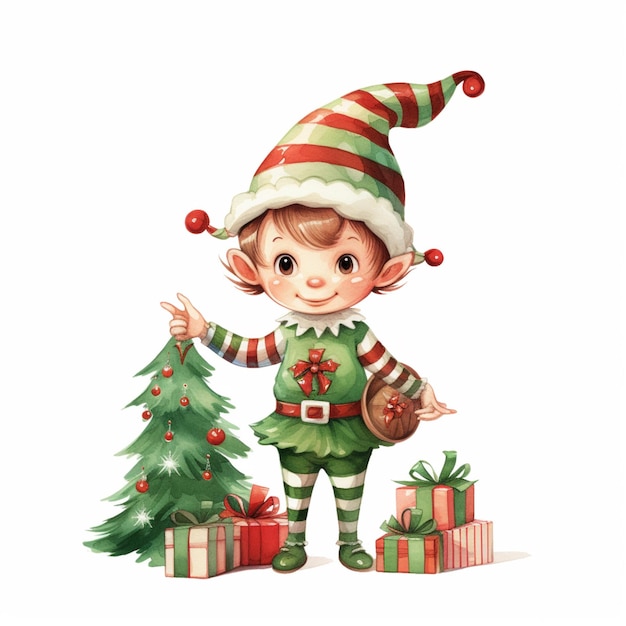 cartone animato elf di Natale con un albero di Natale e presenta generativo ai