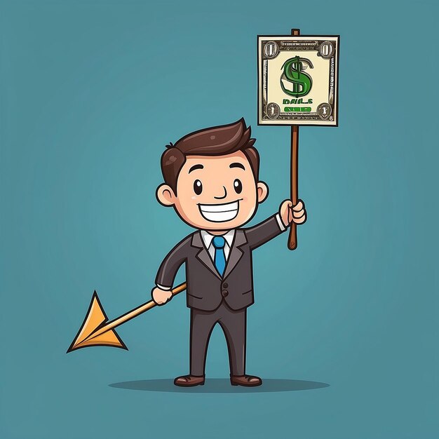 Cartone animato Happy un uomo d'affari che tiene una freccia con il segno del dollaro