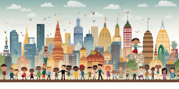 Cartone animato multiculturale per bambini con l'orizzonte della città di punti di riferimento mondiali su sfondo bianco generativo ai AIG32