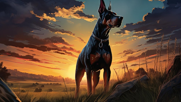 cartone animato nero e marrone Doberman illustrazione cane carino canino da compagnia