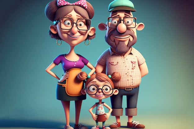 Cartone animato ritratto di famiglia figlia mamma e papà sorridente IA generativa
