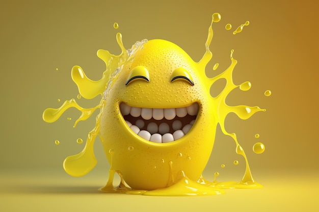 Cartone animato sorridente limone pazzo con succo liquido spruzzata