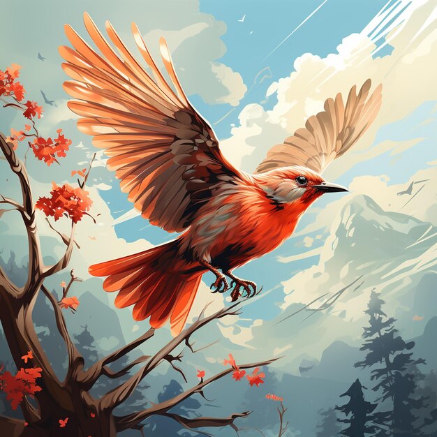 Cartone animato vettoriale un uccello rosso che vola nel cielo
