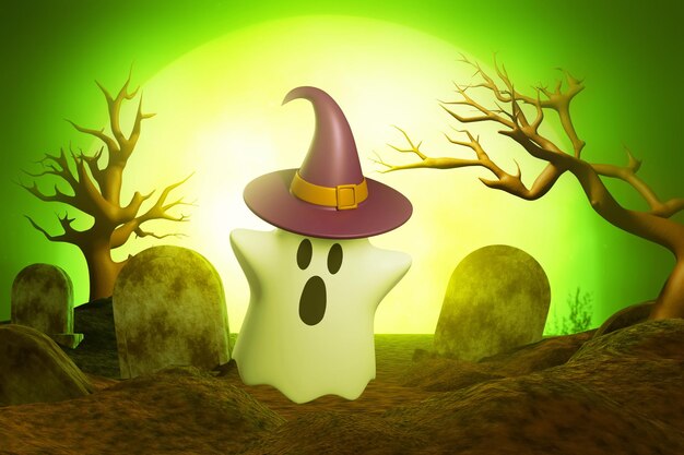 Cartone animato volante foglio fantasma bianco divertente con cappello di strega sul cimitero