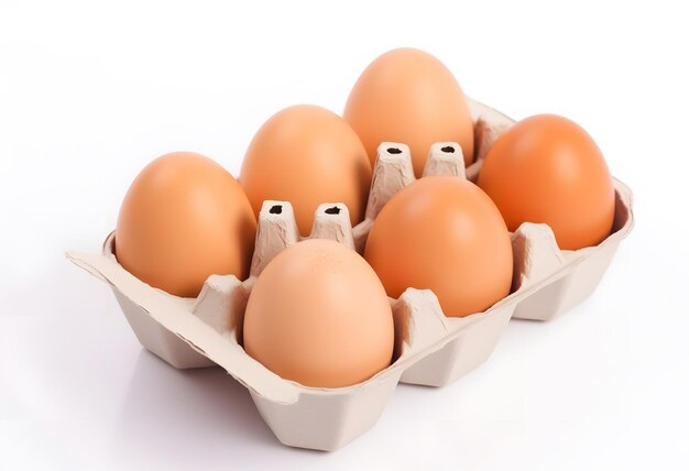 Cartone di sei uova su sfondo bianco IA generativa