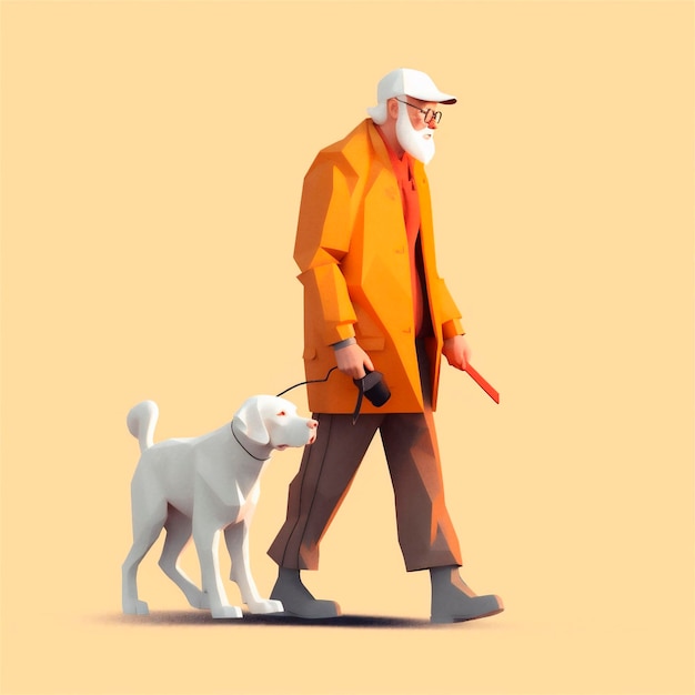 Cartoon 3D illustrazione stilizzata di un uomo anziano che cammina con il cane guida AI generato